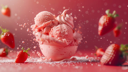 A tempting treat: juicy strawberries and delicious creamy ice cream.の写真素材