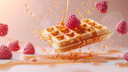 Breakfast special: waffles with caramel and fresh raspberries.の写真素材