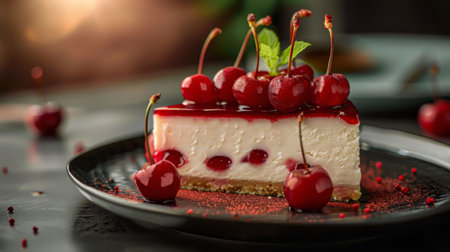 Pink cheesecake with cherry jam and fresh cherries.の写真素材