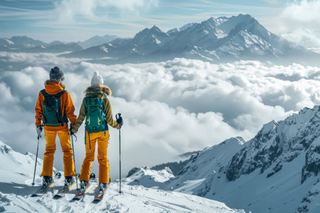 Skiers on top of a mountain overlooking a cloudy sea and mountain landscape.