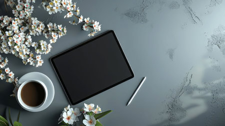 Modern desktop with flowers and tablet.