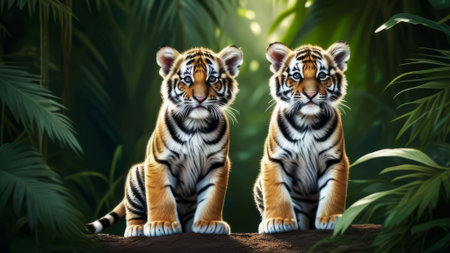 Tiger cubs in the wild: sitting among the foliage.