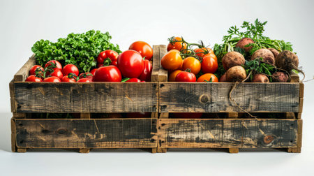 Fresh harvest: wooden box with tomatoes and herbs.の写真素材