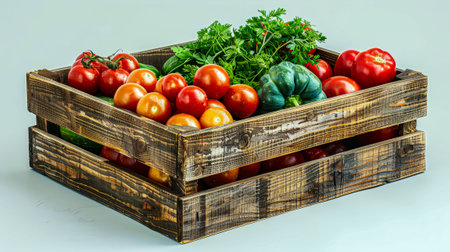 Farm products: wooden box with vegetables and herbs.の写真素材