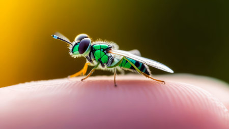 Macro portrait of a green fly on a finger background.の写真素材