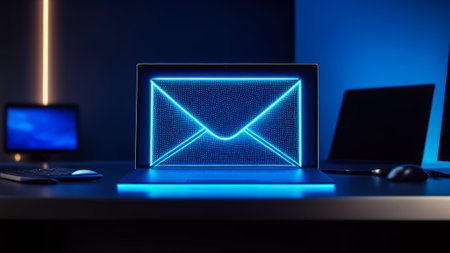 Virtual mail: blue envelope on the Monitor screen.の写真素材