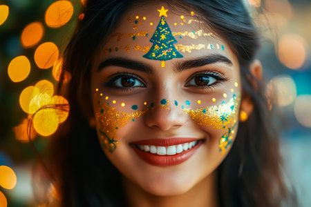 Green smile: girl decorated with a Christmas tree on her forehead, her makeup shines in anticipation of the holiday.の写真素材