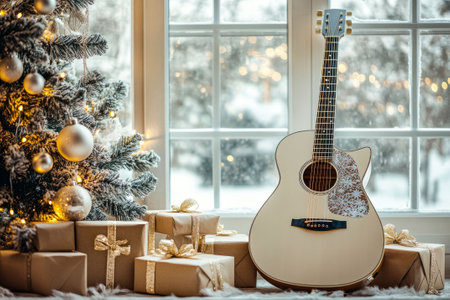 Guitar Under the Christmas Tree: An Unusual Gift for Your Loved One.の写真素材