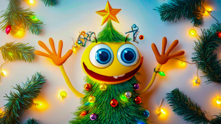 Christmas tree with emotions and colorful decorations, with eyes, arms and legs illustrationの写真素材