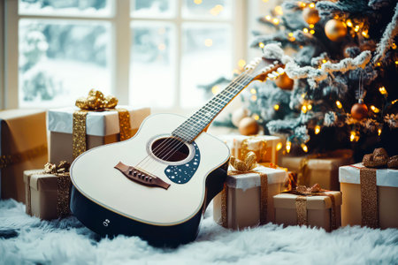 Creative Gift: Guitar Under the Christmas Tree.の写真素材
