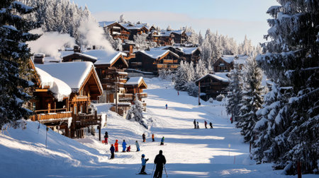 Winter paradise at a ski resort: families and friends have fun skiing and snowboarding, surrounded by cozy wooden chalets, smoking chimneys and snow-covered pine trees under a bright blue sky.の写真素材