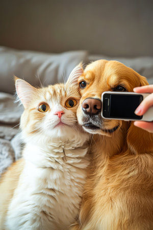 Best Friends: Cat and Dog Selfie.の写真素材