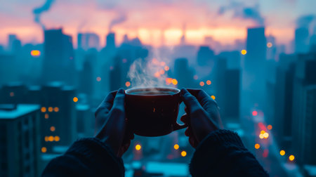 City silence with a cup of coffee. A cheerful morning.