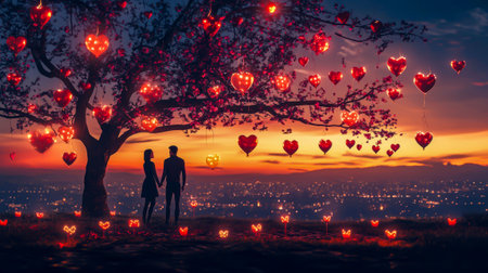 Love in the air: couples and flying heartsの写真素材