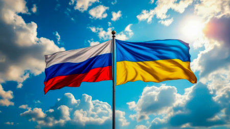 Dialogue instead of conflict: two flags, one world. Russia and Ukraineの写真素材
