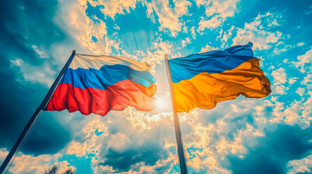 Peaceful coexistence: flags as a symbol of hope. Flags of Russia and Ukraineの写真素材