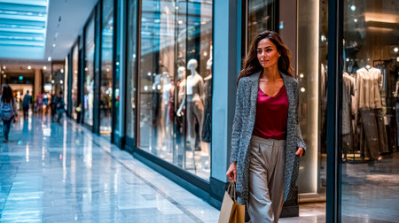 Style choice: a girl looks at shop windows in a shopping galleryの素材
