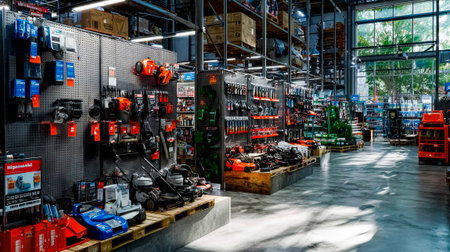 The season is ready: lawn mowers, trimmers and equipment on store shelvesの素材