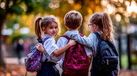 Back to school: a friendly company on the school trailの素材