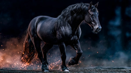 Eastern horoscope 2026 - a black horse among sparks and smoke. AI generated