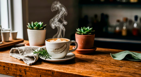 National Coffee Day: The Perfect Smoky Latte on a Wooden Barの素材