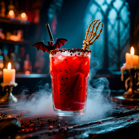 Vampire Hello: Bloody Halloween Cocktail with Smoke and Batの素材
