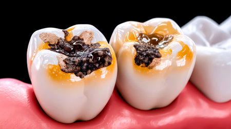 Before root canal treatment: destroyed chewing teeth. AI generatedの写真素材