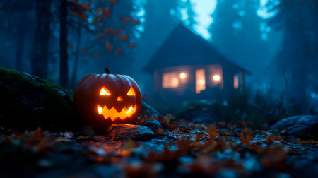 Halloween Night in the Woods: Glowing Pumpkin on a Wet Stoneの素材