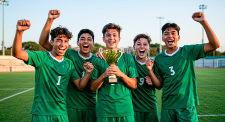 Champions on the field: The youth team celebrates victory with the trophyの素材