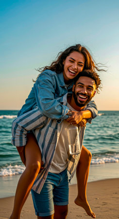 Romance by the sea: he carries her along the warm sandの素材