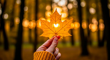 Love Autumn: a maple leaf heart and warm bokehの素材