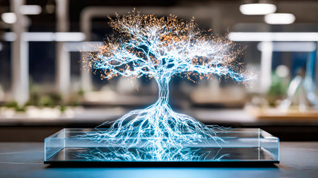 Tree of Life Hologram: Glowing branches and roots above a glass platformの素材