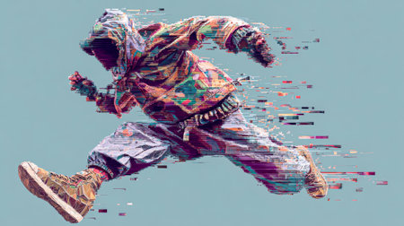 A runner in a hoodie leaps forward, his figure disintegrating into glitch lines.の素材