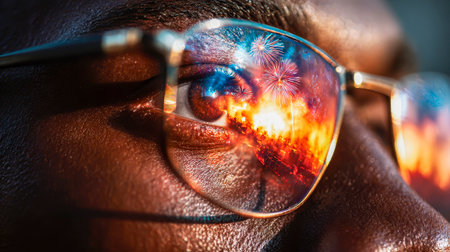 City in Sparks: Fireworks Reflected in Glasses, Close-upの素材