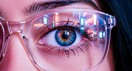 Cyber-look: bright signs in lenses, close-up of the eyeの素材