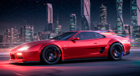 Synthwave Dash: Retro Supercar Flies Through the City Lightsの素材