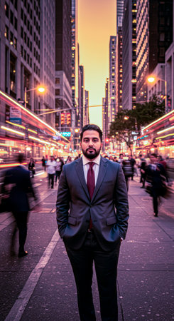 Motionless during rush hour: a businessman on the street, light tracksの素材