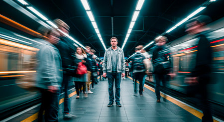 Timelapse: A man stands in the center of the platform as a crowd and trains rush around.の素材