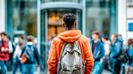 New campus, new life: a young man looks into the camera, students are moving aroundの素材
