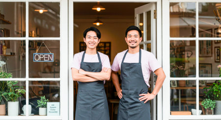 Welcome to our day: the OPEN sign and the team are ready for serviceの素材