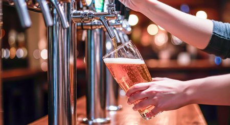 Draft beer in a pint glass: the bartender pours at the counterの素材