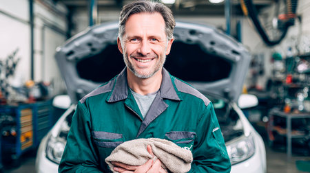 A smiling auto mechanic in the workshop: the service is complete, the car is ready for delivery.の素材