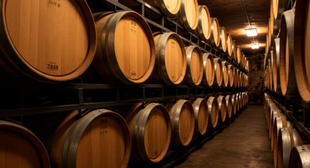 A wine cellar with oak barrels: aging fine wine on racksの素材