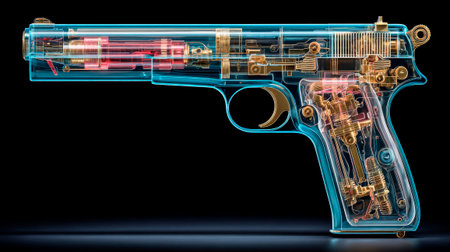 Anatomy of a shot: the pistol is "x-rayed", the parts work in a single schemeの素材