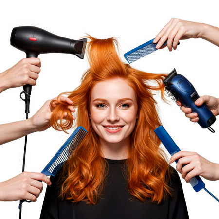 Four-handed styling: a hairdryer, a straightening iron, and combs create perfect volumeの素材
