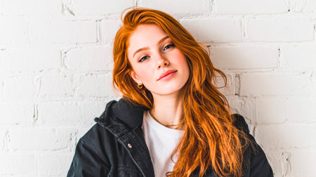 A red-haired girl near a white brick wall, looking confidently into the camera.の素材