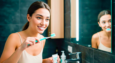 Start your day with a snow-white smile: carefully brush your teeth in front of a backlit mirrorの素材