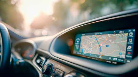 A car navigator with a route map on the screen - driving around the city at sunsetの素材
