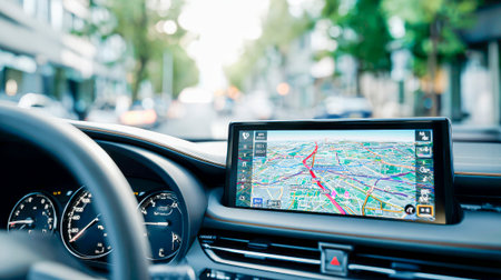 The GPS in the car shows the way, and the driver follows the route.の素材