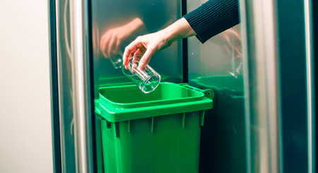 A hand places a glass cup into a green recycling bin.の素材